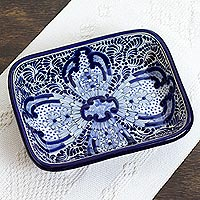 Ceramic casserole, 'Puebla Kaleidoscope' - Artisan Crafted Blue Ceramic Serving Dish
