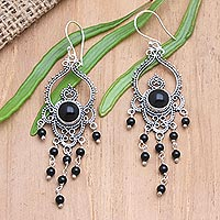 Onyx pendant earrings, 'Celestial Chandelier' - Onyx and Sterling Silver Dangle Earrings from Bali