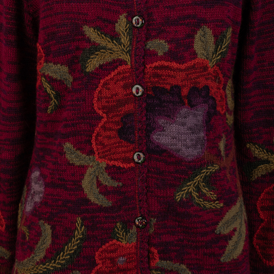 100% alpaca cardigan, 'Embellished Andes' - Floral Themed 100% Alpaca Cardigan from Peru