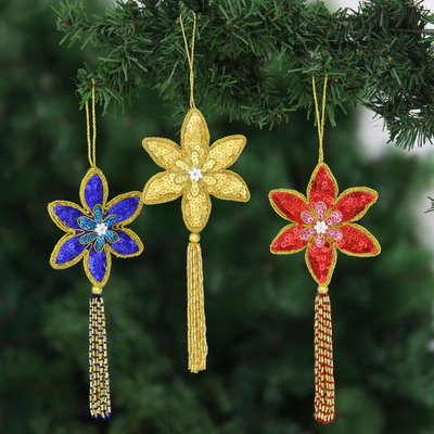 Beaded ornaments, 'Poinsettia' (set of 3) - Handmade Beaded Sequin colourful Christmas Ornaments (3)