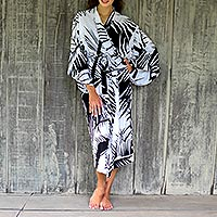 Long rayon robe, 'White Tiger' - Long Rayon Robe for Women with Black and White Print