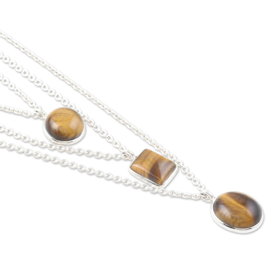Tiger's eye strand pendant necklace, 'Courage Shapes' - Sterling Silver 3-Strand Tiger's Eye Pendant Necklace