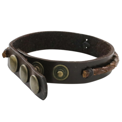 Leather wristband bracelet, 'Tenacious Nature in Brown' - Handmade Leather Wristband Bracelet in Brown from Thailand