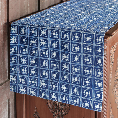 Cotton batik table runner, 'Hill Tribe Focus' - Hand-Dyed Navy and White Cotton Batik Square Table Runner