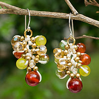 Carnelian beaded earrings, 'Honeydew Cattlelaya' - Artisan Hand Knotted Carnelian Gemstone Beaded Earrings