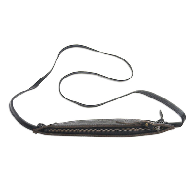 Leather sling bag, 'Subtle Signs in Black' - Black Leather Sling Bag from Bali
