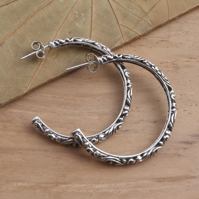 Sterling silver half-hoop earrings, 'High Hopes' - Ornately Detailed Sterling Silver Half-Hoop Earrings