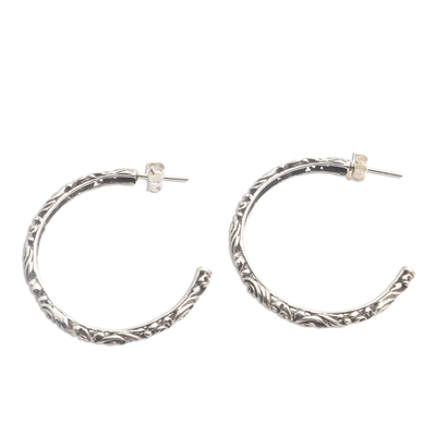 Sterling silver half-hoop earrings, 'High Hopes' - Ornately Detailed Sterling Silver Half-Hoop Earrings