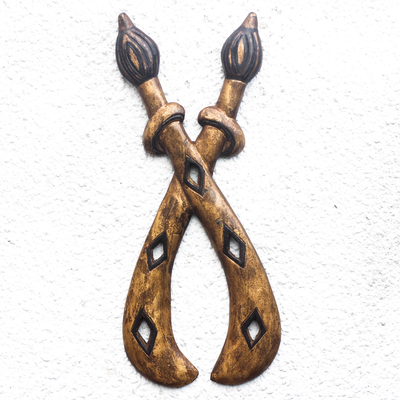 Wood wall sculpture, 'Ohene Sikai' - Crossed Sword Sese Wood Wall Sculpture from Ghana