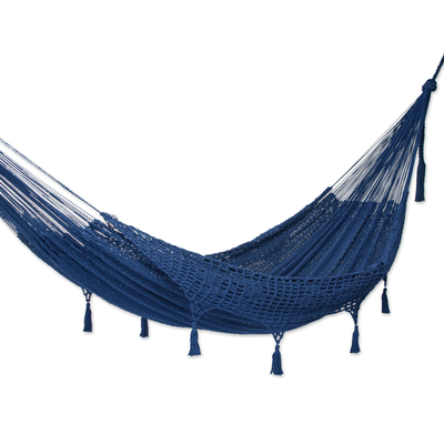 Cotton rope hammock, 'Sunset Dreams in Navy' (triple) - Navy Tasseled Cotton Rope Hammock (Triple) from Mexico