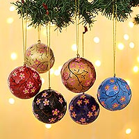 Papier mache ornaments, 'Cherry Blossom Christmas' (set of 6) - Artisan Crafted Floral Christmas Ornaments ( set of 6)