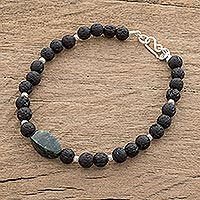 Jade and lava stone beaded pendant bracelet, 'Dark Green Mountain of Lava' - Dark Green Jade and Lava Stone Beaded Pendant Bracelet
