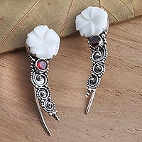 Garnet ear climber earrings, 'White Jepun' - Sterling Silver and Garnet Climber Earrings