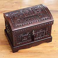 Mohena wood and leather jewelry box, 'Inca Domain' - Colonial Tooled Leather Jewelry Box