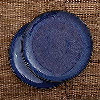 Platos de ensalada de cerámica, 'Cobalt Cuisine' (par) - Platos de ensalada de cerámica azul elaborados en Bali (par)