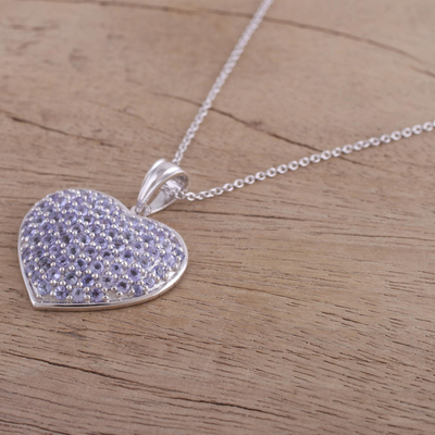 Rhodium plated tanzanite pendant necklace, 'Glistening Heart' - Rhodium Plated Tanzanite Heart Necklace from India