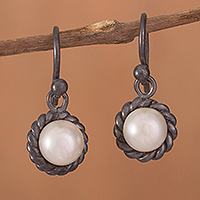 Cultured pearl dangle earrings, 'Sea Riches' - Cultured Pearl and Oxidized Sterling Silver Dangle Earrings