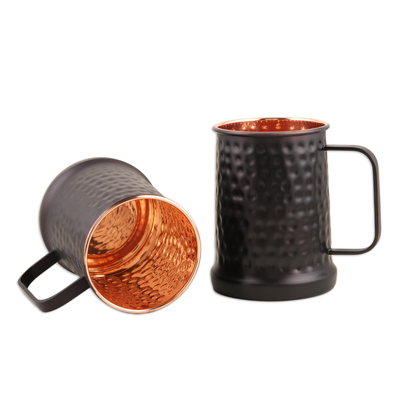 Copper mugs, 'Mornings Past in Black' (pair) - Hand Crafted Two-Tone Copper Mugs with Handles (Pair)