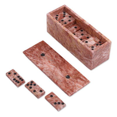 Marble domino set, 'Chance and Skill' - Pink Marble Domino Set from Mexico