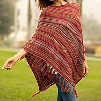 100% Alpaca poncho, 'Swirling Fire' - Multi-colour Striped 100% Alpaca Wool Knit Fringed Poncho