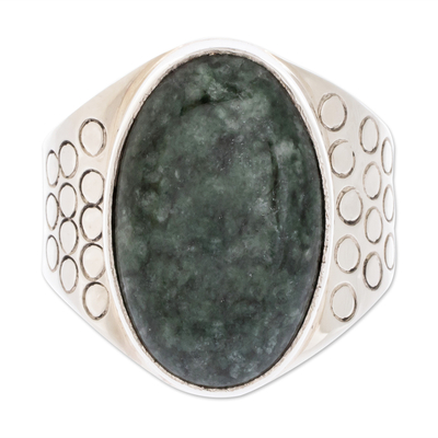 Men's jade ring, 'Verdant Night' - Men's Modern Sterling Silver Single Stone Jade Ring