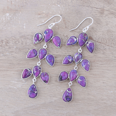 Sterling silver and composite turquoise dangle earrings, 'Leaf Cascade' - Sterling Silver Purple Composite Turquoise Dangle Earrings