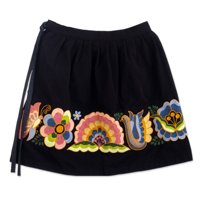 Minifalda bordada, 'Qashwa' - Minifalda bordada floral negra hecha a mano de Perú