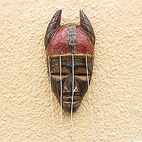African recycled glass beaded wood mask, 'Damba Festival' - African Recycled Glass Beaded African Wood Mask from Ghana