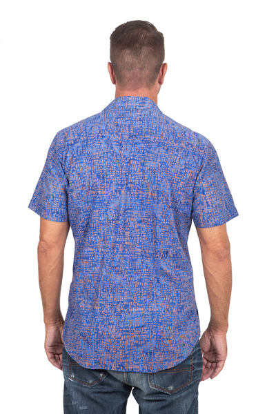 Men's batik cotton shirt, 'Long Walk' - Men's Batik Blue and Brown Cotton Shirt