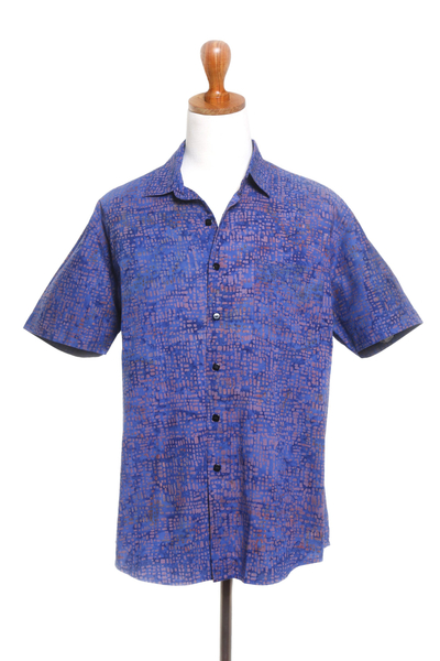 Men's batik cotton shirt, 'Long Walk' - Men's Batik Blue and Brown Cotton Shirt