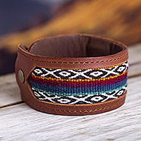 Leather and wool wristband, 'Andean Style' - Handmade Leather and Wool Bracelet from Peru