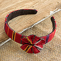 Cotton canvas bow headband, 'Red Origins' - Red Headband with Bow Hand-woven with 100% Cotton Canvas