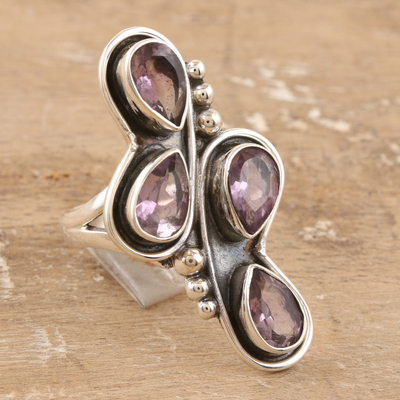 Amethyst cocktail ring, 'Gemstone Slide in Purple' - Handmade Amethyst and Sterling Silver Cocktail Ring