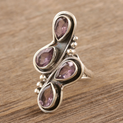 Amethyst cocktail ring, 'Gemstone Slide in Purple' - Handmade Amethyst and Sterling Silver Cocktail Ring