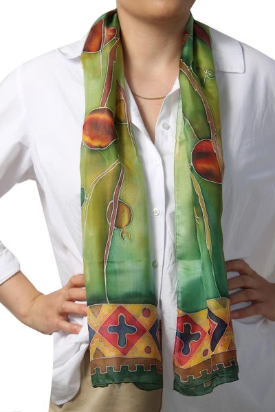 Hand painted silk batik scarf, 'Precious Pomegranate in Green' - Pomegranate Motif Silk Batik Scarf from Armenia