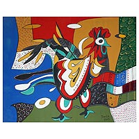 'El Gallo Invencible' - Pintura acrílica estilo cubista de gallo