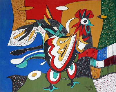 'El Gallo Invencible' - Pintura acrílica estilo cubista de gallo