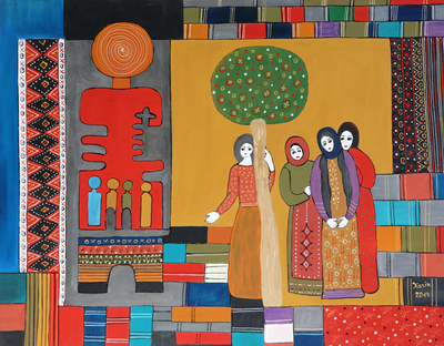 'Women by Khachkar (Cross-Stone)' - Armenian Cross-Stone Themed Acrylic Painting