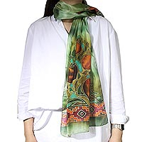 Bufanda de batik de seda pintada a mano, 'Verano de granada' - Bufanda pintada a mano armenia en 100% seda