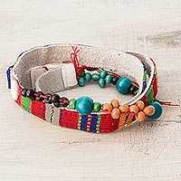 Wood and cotton beaded wrap bracelet, 'Mayan Flora and Fauna' - Colorful Wood and Cotton Beaded Wrap Bracelet from Guatemala
