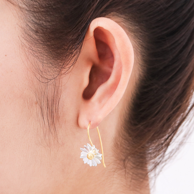Gold-accented drop earrings, 'Midsummer Daisy' - Gold-Accented Drop Earrings with Floral Motif