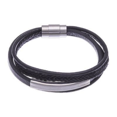 Leather strand bracelet, 'Mighty Strength in Black' - Leather Strand Bracelet in Black from Thailand
