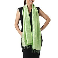 Rayon and silk blend scarf, 'Green Bouquet' - Spring Green Rayon and Silk Blend Floral Jacquard Shawl