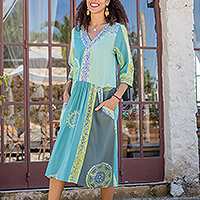 Batik rayon a-line dress, 'Green Tea' - Green Batik A-Line Dress with Floral Motif