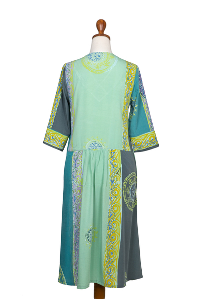 Vestido acampanado de rayón batik - Vestido evasé batik verde con motivo floral