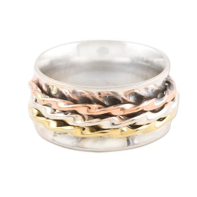 Multi-metal meditation spinner ring, 'Twisted Spin' - Sterling Silver Brass and Copper Meditation Spinner Ring