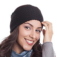 100% baby alpaca ear warmer, 'Passionate Waves in Black' - Wave Pattern 100% Baby Alpaca Headband in Black from Peru