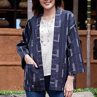 Cotton kimono jacket, 'Dark Maze' - Open Front Cotton Jacket