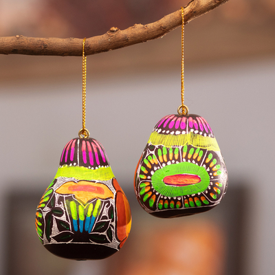 Gourd ornaments, 'Colorful Beauties' (pair) - Colorful Gourd Ornaments with Bright Flowers Motifs