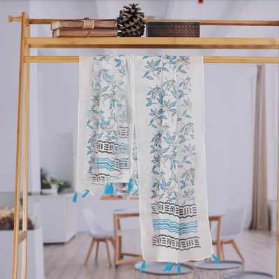 Block-printed cotton shawl, Azure Leaves